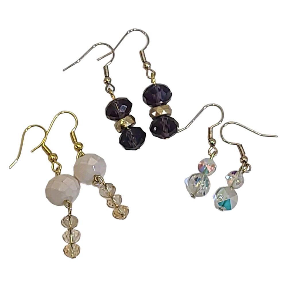 3 Pairs Handmade Gold Tone Crystal Bead Dangle‎ Drop Earrings Lot